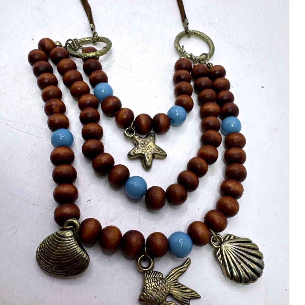 Boho‎ Layered Wood Bead Nautical Charm Necklace Brown Blue Starfish Shell Fish